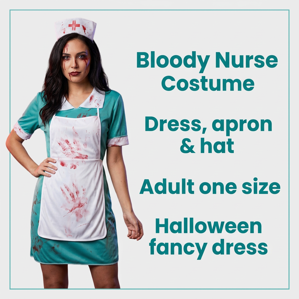 A woman modeling a bloody nurse Halloween costume against a light gray background with teal text listing the features: 'Bloody Nurse Costume', 'Dress, apron & hat', 'Adult one size', and 'Halloween fancy dress'. The costume includes a teal short-sleeve dress, a white apron with red blood-stain print, and a matching nurse hat with a red cross.