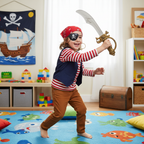 Happy child wearing pirate eyepatch and gold earring, holding plastic sword during imaginative play
