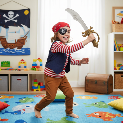 Happy child wearing pirate eyepatch and gold earring, holding plastic sword during imaginative play