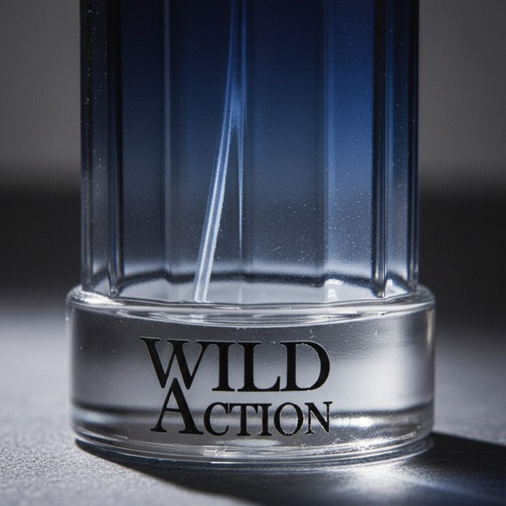 Extreme macro close-up of Real Time Wild Action EDT navy blue ribbed glass bottle showing premium texture and craftsmanship