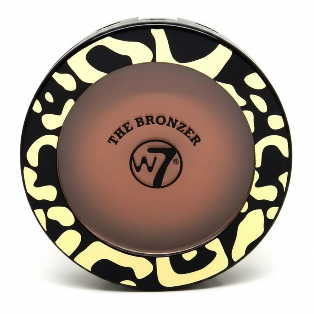 W7 The Bronzer Matte Bronzing Powder Compact on pure white background, matte black compact with cream animal print pattern and deep warm brown powder pan