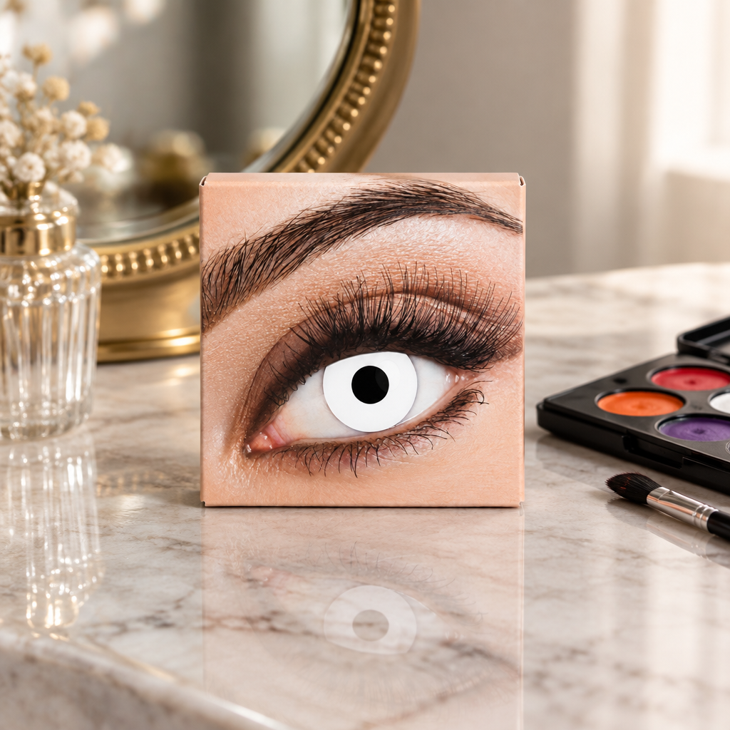 Eyecasions white contact lenses box on a marble dressing table beside a mirror and face paint palette