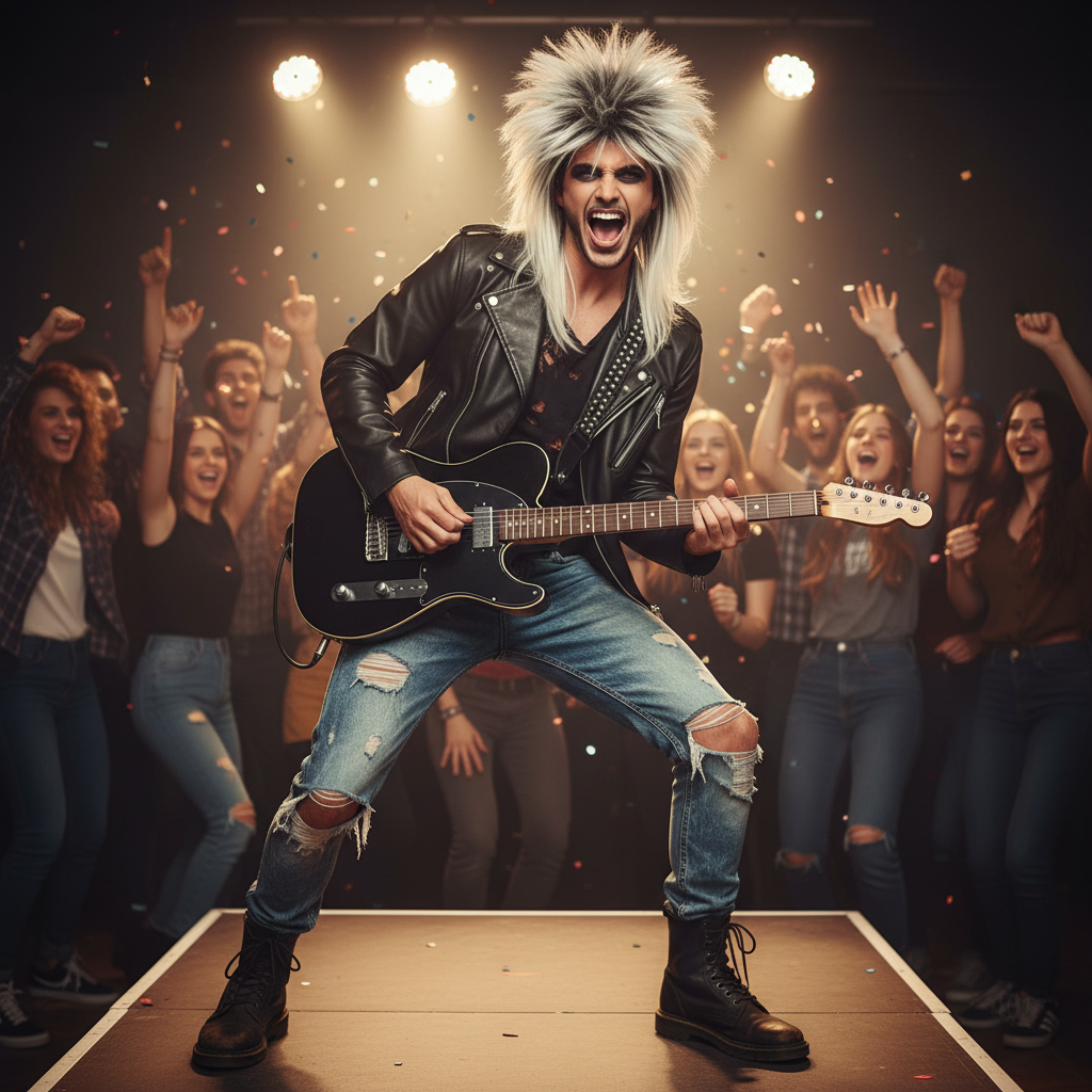 Person in full 80s rockstar costume with platinum blonde spiked wig performing at party, transformation result