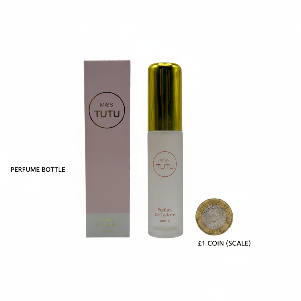 Miss Tutu 50ml bottle and box flat lay with £1 coin for scale — clean white background showing all included contents