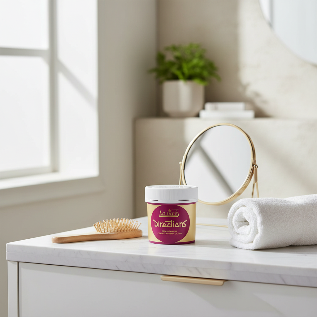 La Riche Directions Flamingo Pink hair dye 88ml styled on a bathroom vanity with natural window light