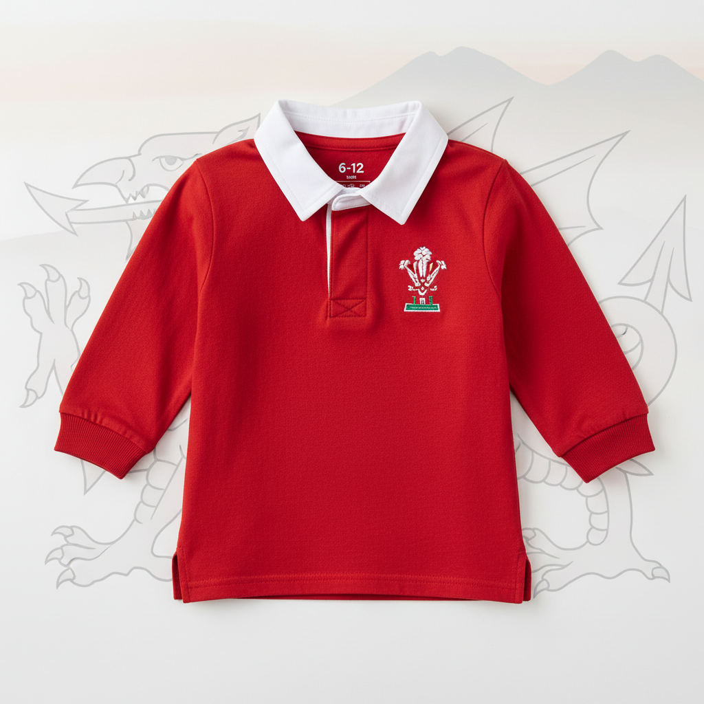 Kids Traditional Long Sleeve Welsh Red Rugby Shirt Age 6-12 Months with three feathers emblem
