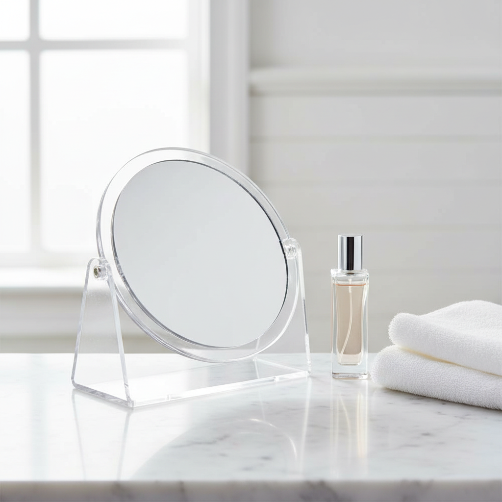 Clear Double Sided Mirror With Stand on White Marble Bathroom Shelf with Natural Light