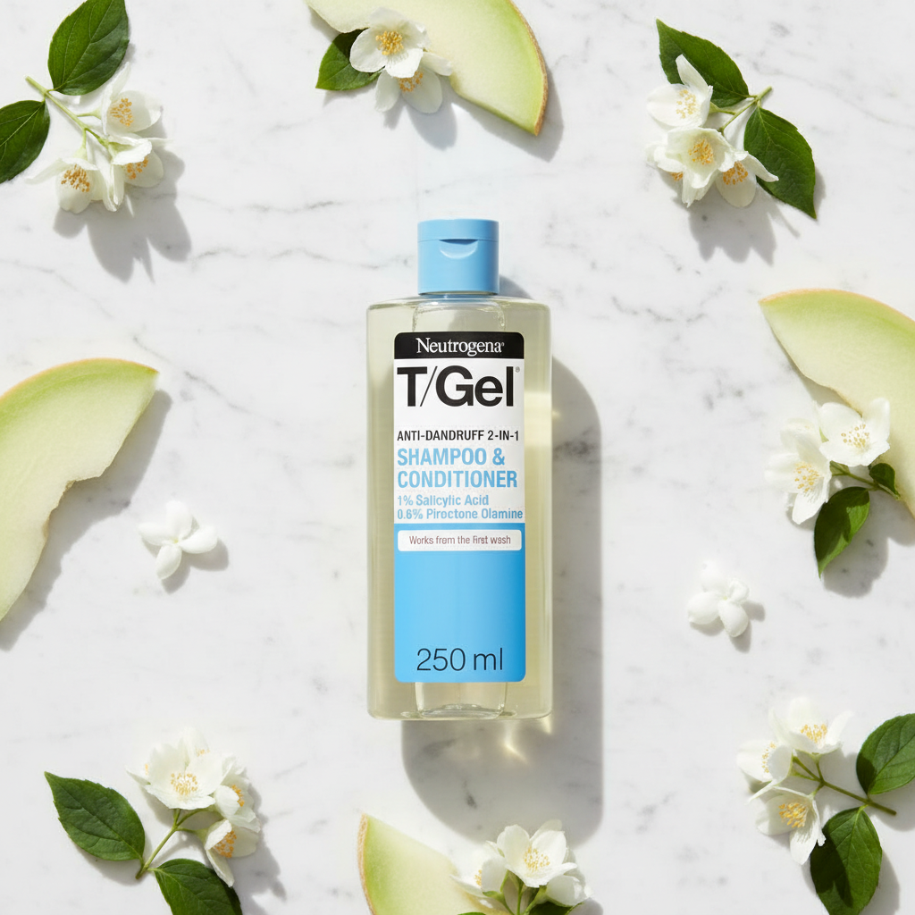 Neutrogena T/Gel 2-in-1 Anti-Dandruff Shampoo flat lay on white marble with jasmine flowers and melon