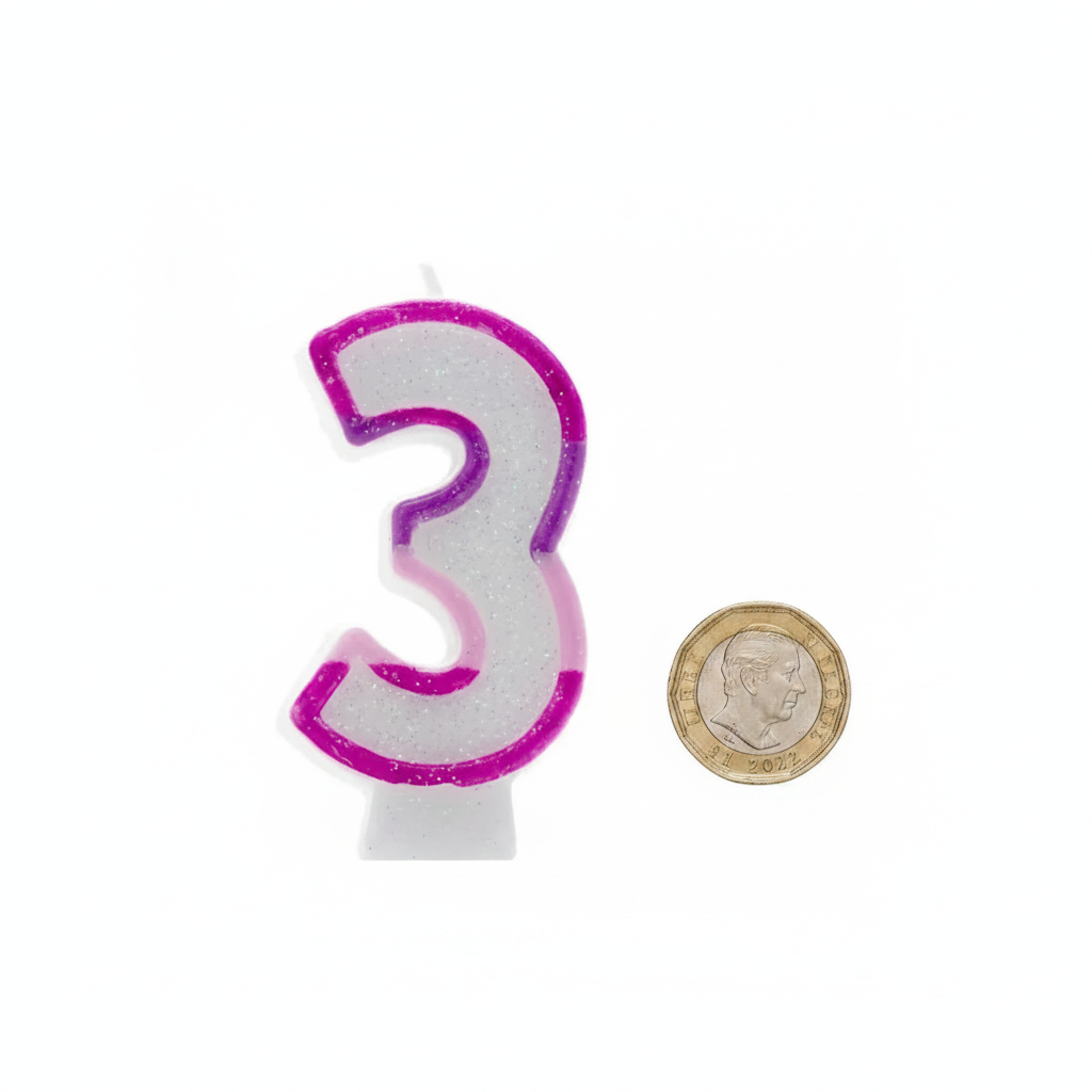 Pink glitter number 3 birthday candle flat lay beside a £1 coin showing product scale, clean white background with soft overhead lighting