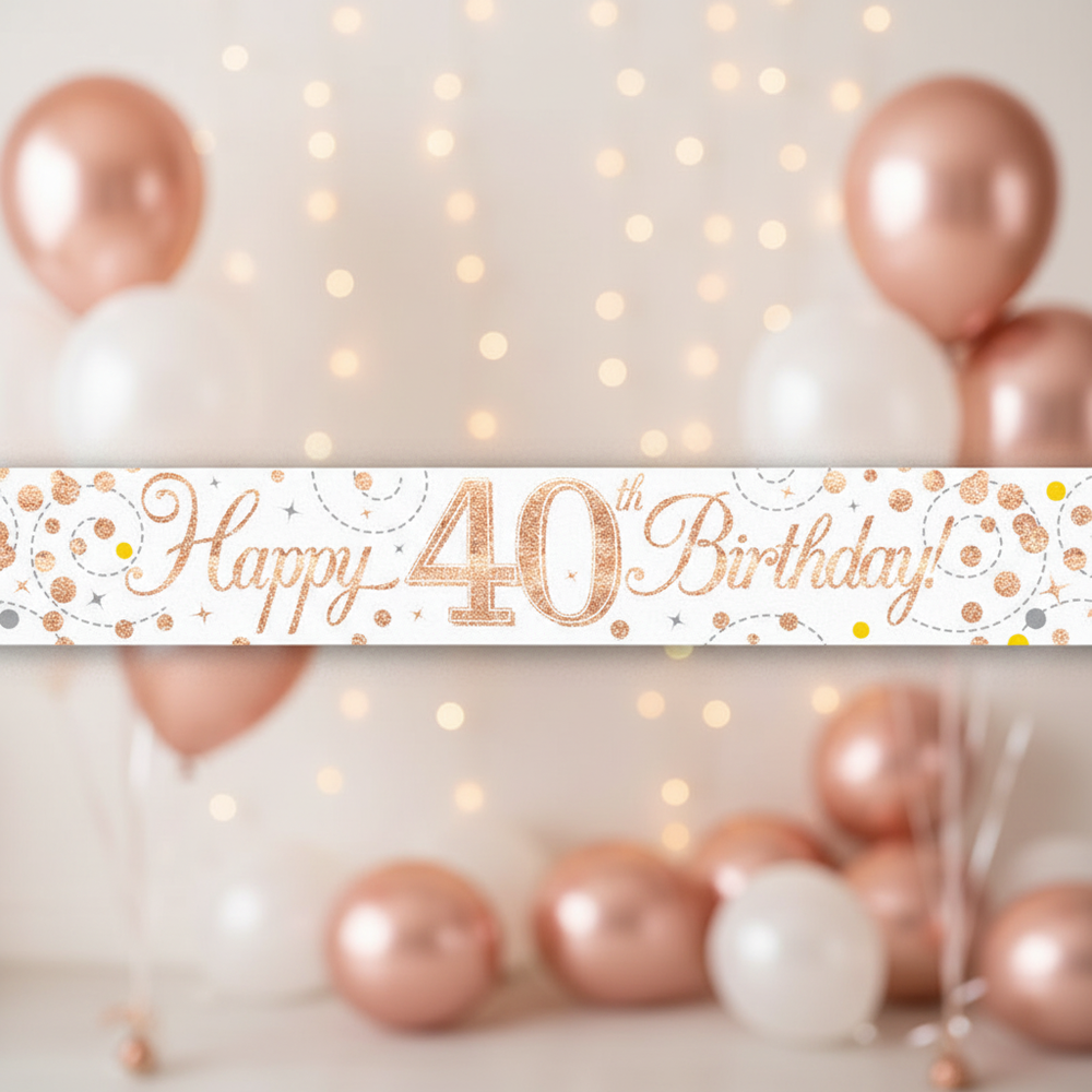 9ft Sparkling Fizz 40th Birthday Banner in rose gold holographic and white - premium party decoration