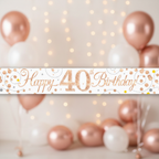 9ft Sparkling Fizz 40th Birthday Banner in rose gold holographic and white - premium party decoration