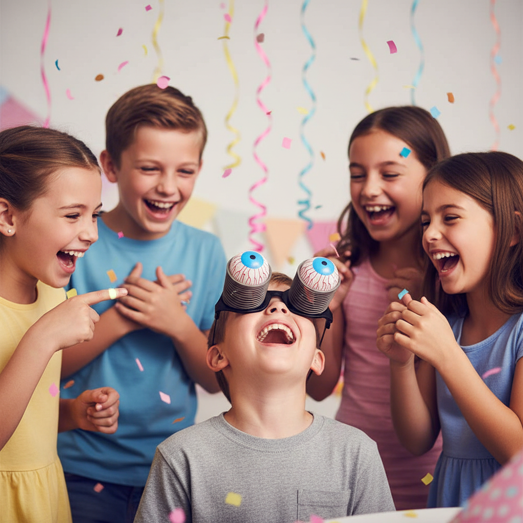 Group of children laughing at Joke Pop Out Eye Glasses at a fun party