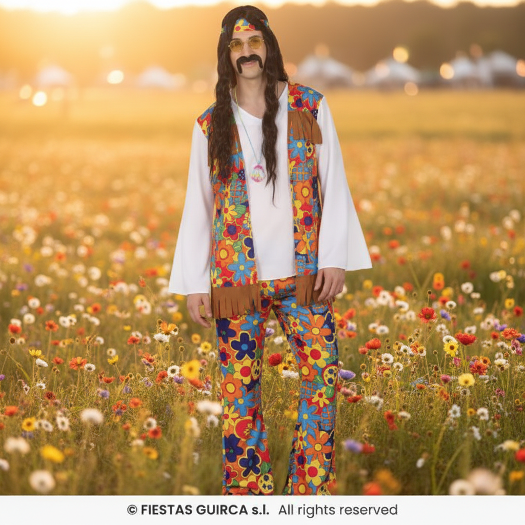 Adults Flower Hippie Costume Medium — vibrant floral waistcoat, flared trousers, bell-sleeve top, fringe belt and flower headband on festival meadow background