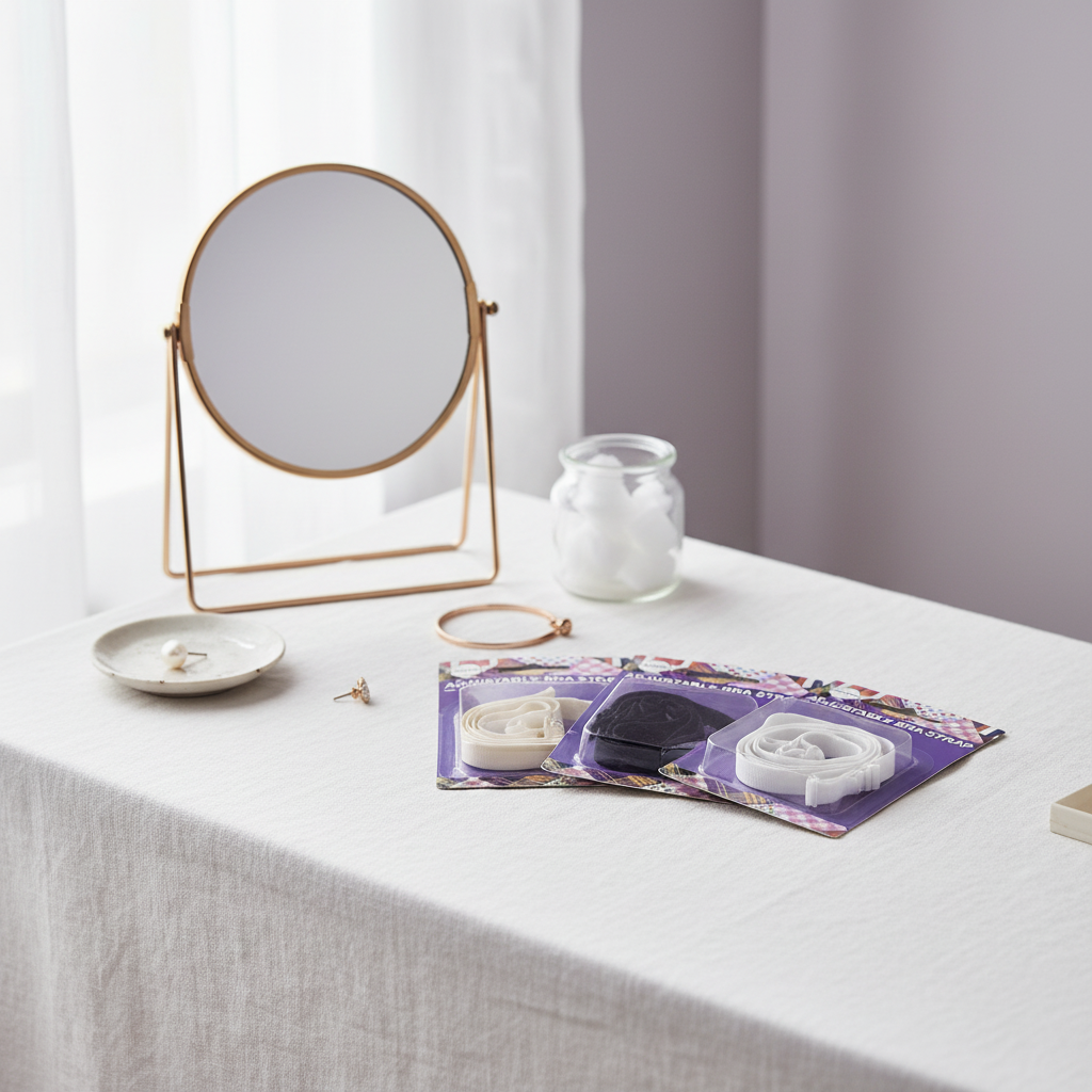 Three Adorn Adjustable Bra Strap packs arranged on a white linen dressing table with natural window light — interior lifestyle photography