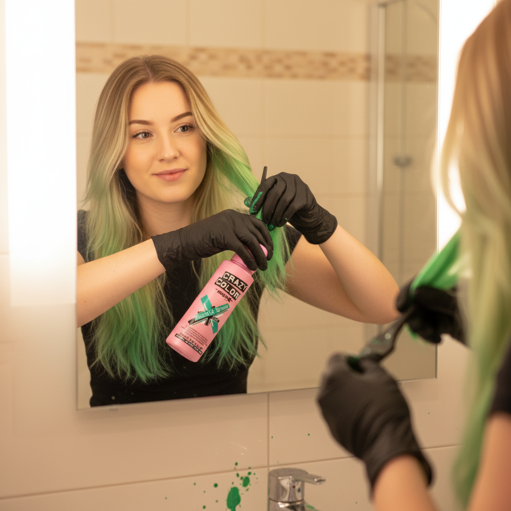 Woman applying Crazy Color Emerald Green hair dye from pink bottle in bathroom mirror candid moment