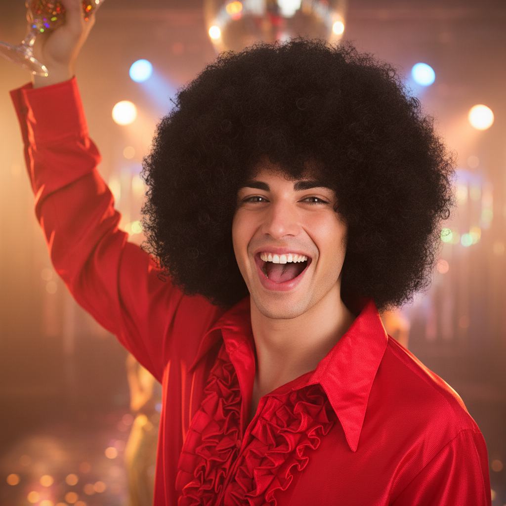 Person wearing Giant Black Afro Wig laughing and dancing at a 70s disco fancy dress party