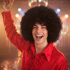 Person wearing Giant Black Afro Wig laughing and dancing at a 70s disco fancy dress party