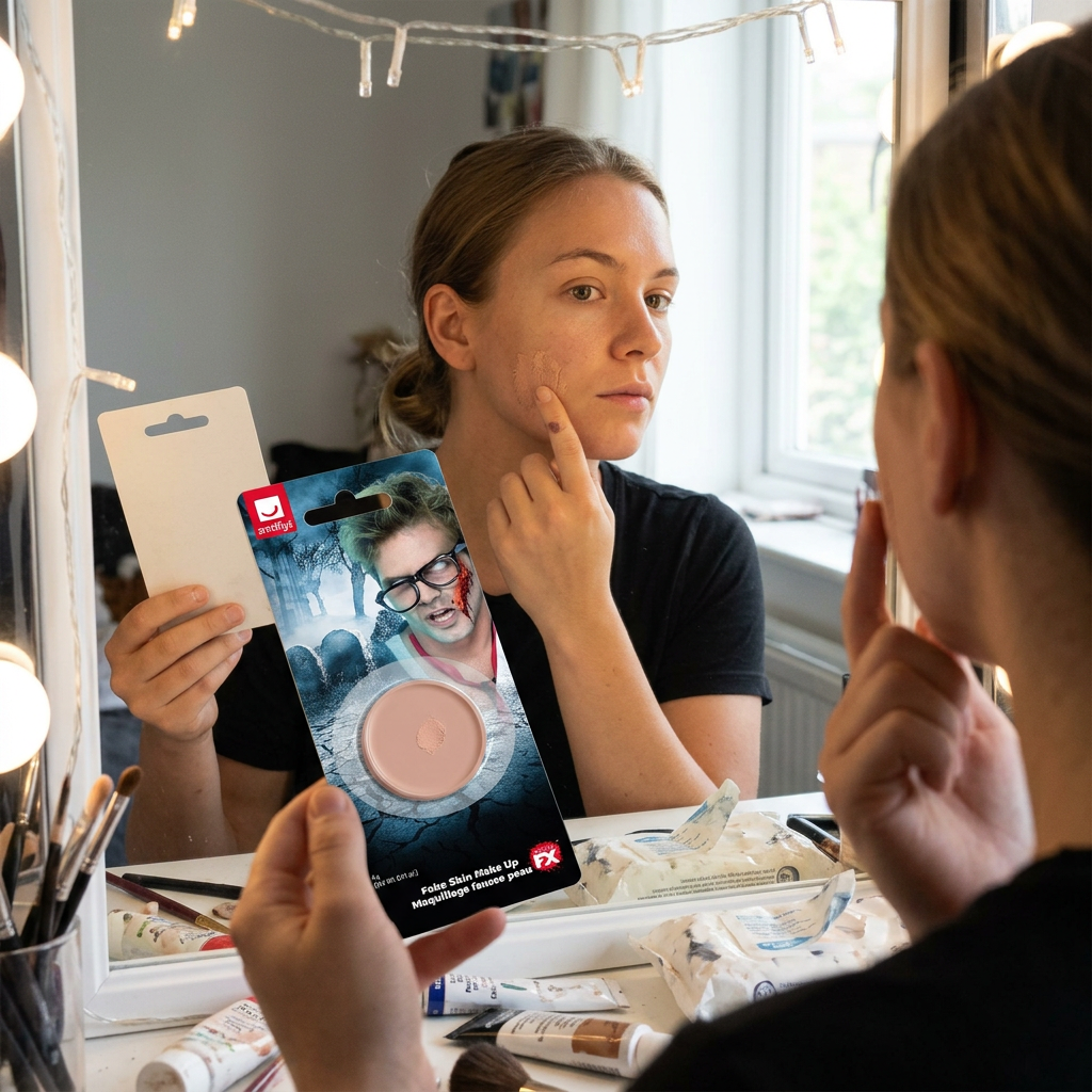 Person applying flesh-toned fake skin makeup from a Smiffys Special FX blister card at a dressing-table mirror