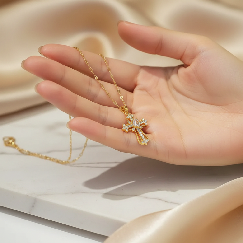 Close-up of elegant gold cross pendant necklace held delicately - premium jewelry detail and quality showcase