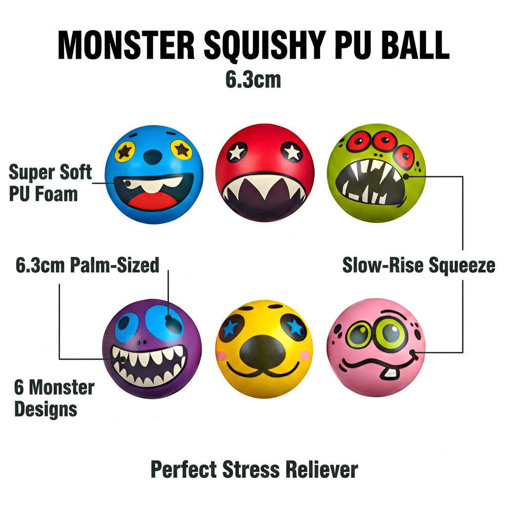 Monster Squishy PU Ball 6.3cm feature infographic showing super soft PU foam, palm-sized design, slow-rise squeeze, 6 monster designs and stress relief benefits