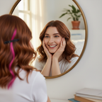 Woman smiling at mirror with fuchsia Stargazer hair extension styled in her hair, showing the desirable end result