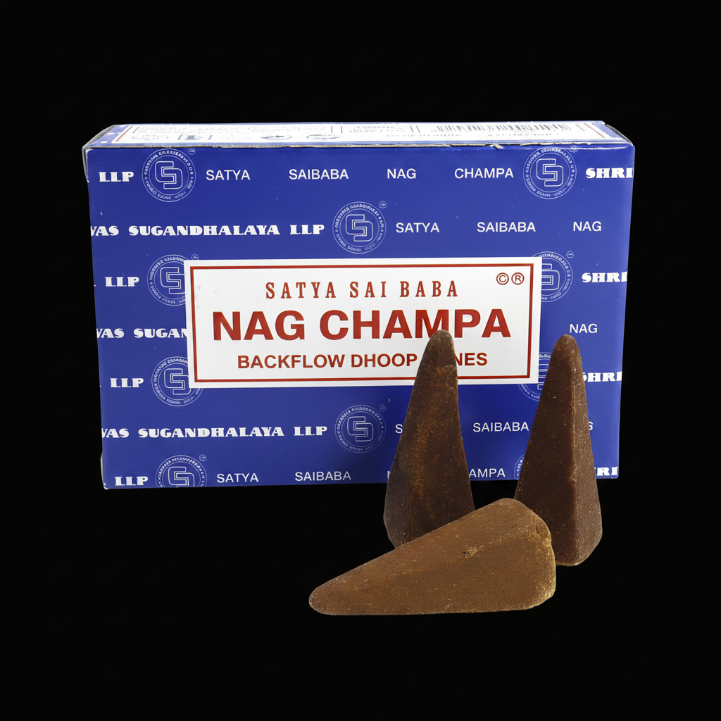 Satya Sai Baba Nag Champa 24 Backflow Dhoop Cones – cobalt blue box with warm brown incense cones on white studio background
