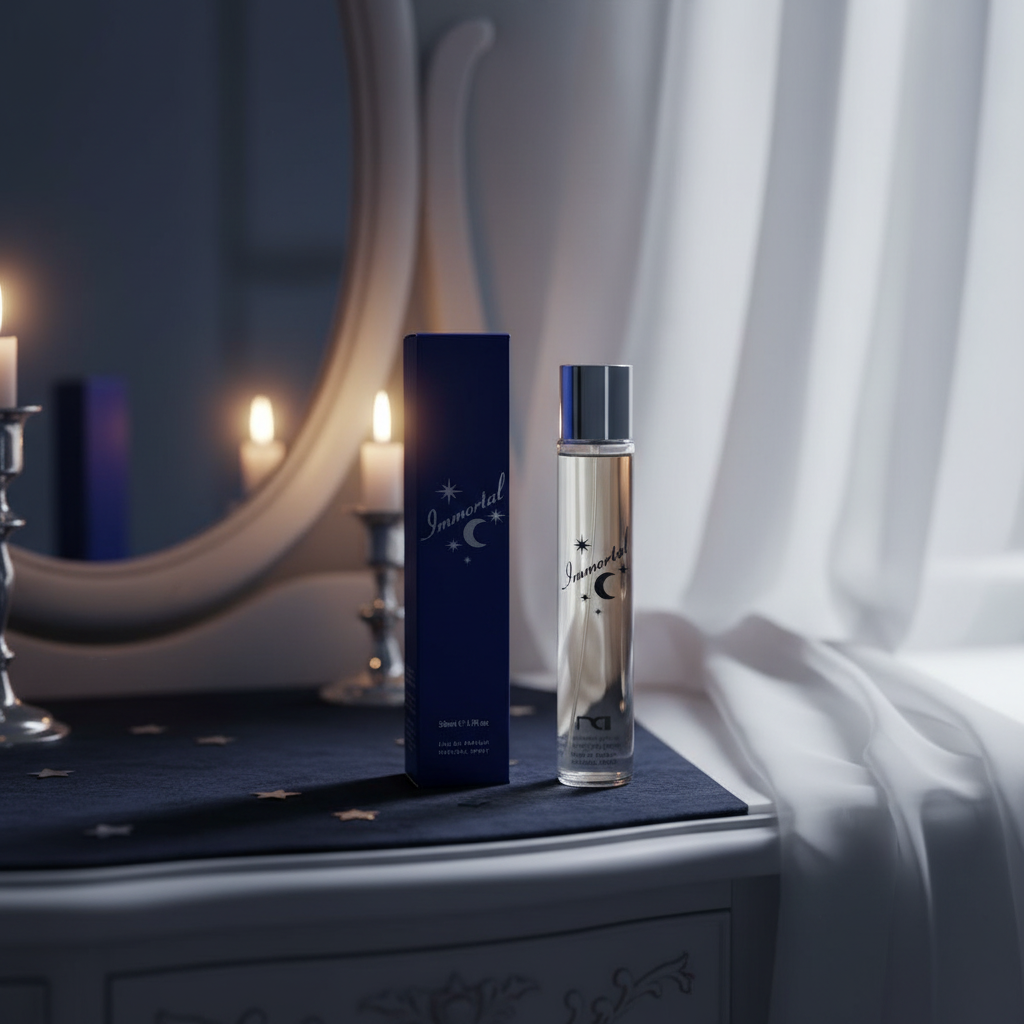 Immortal EDP perfume styled on an elegant vanity with candlelight and moonlight — mysterious nocturnal atmosphere