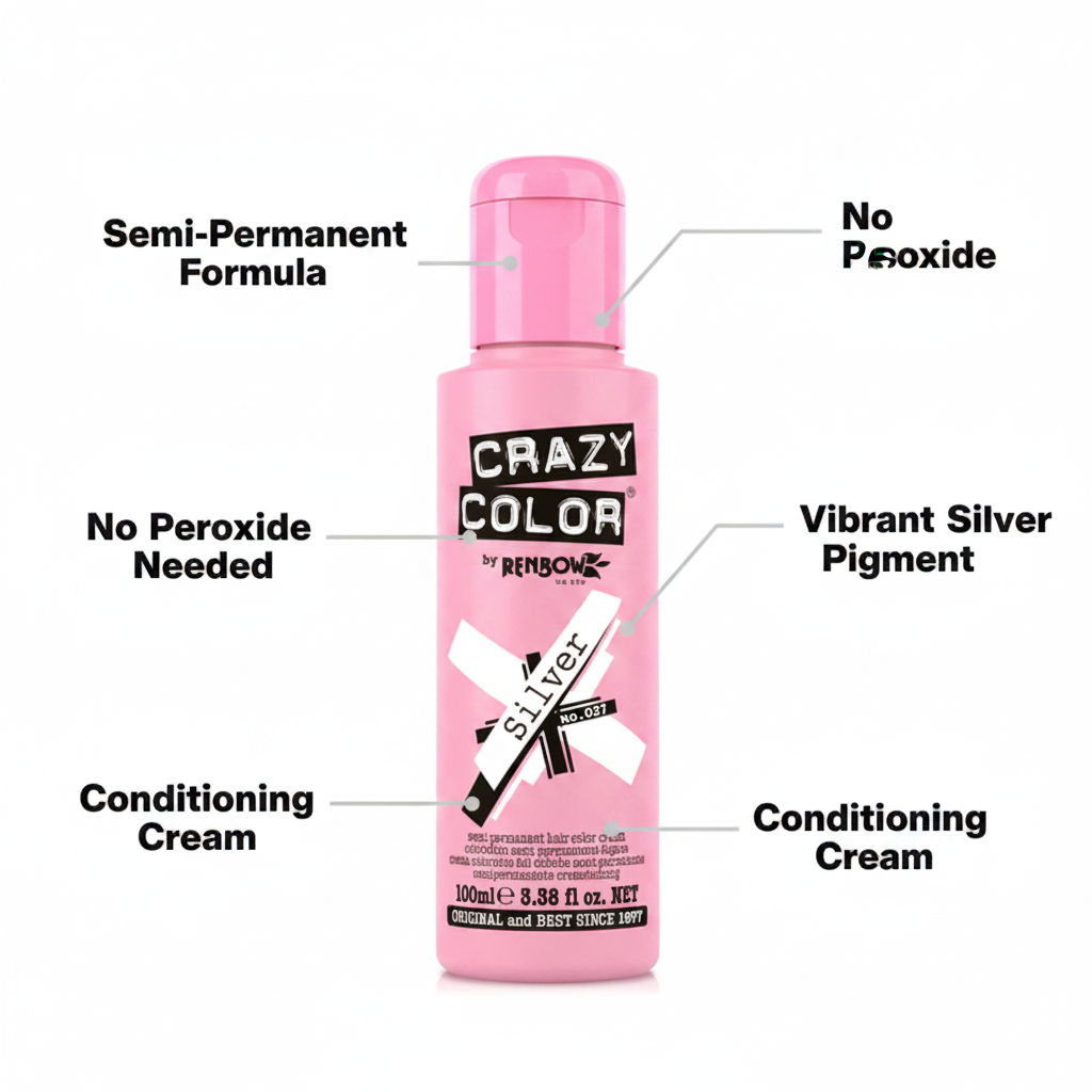 Crazy Color Silver hair dye 100ml feature infographic showing semi-permanent formula, no peroxide, conditioning cream callouts
