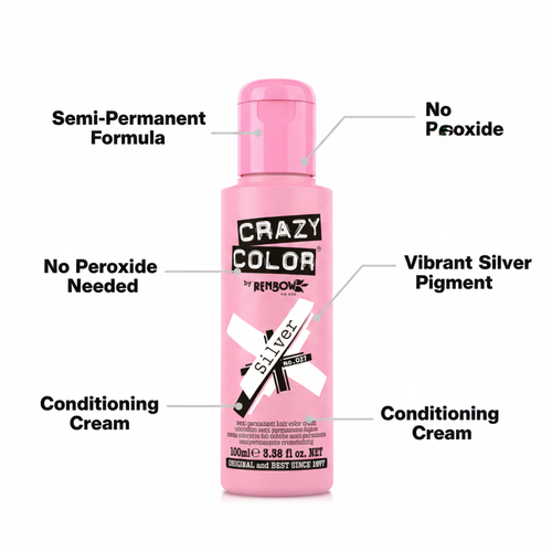 Crazy Color Silver hair dye 100ml feature infographic showing semi-permanent formula, no peroxide, conditioning cream callouts