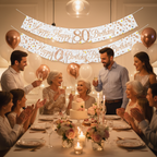 Family celebrating 80th birthday party with Sparkling Fizz rose gold banner on wall
