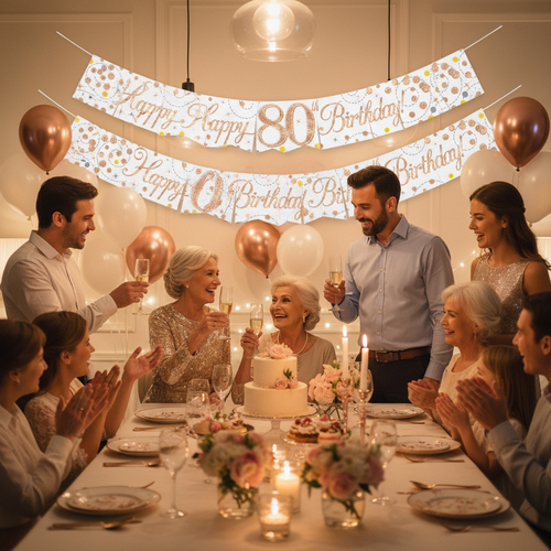 Family celebrating 80th birthday party with Sparkling Fizz rose gold banner on wall