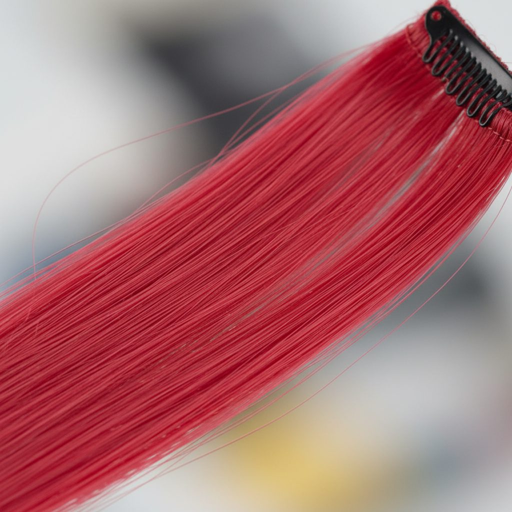 Extreme macro close-up of Stargazer cherry red hair extension fibres showing silky smooth texture and vibrant colour