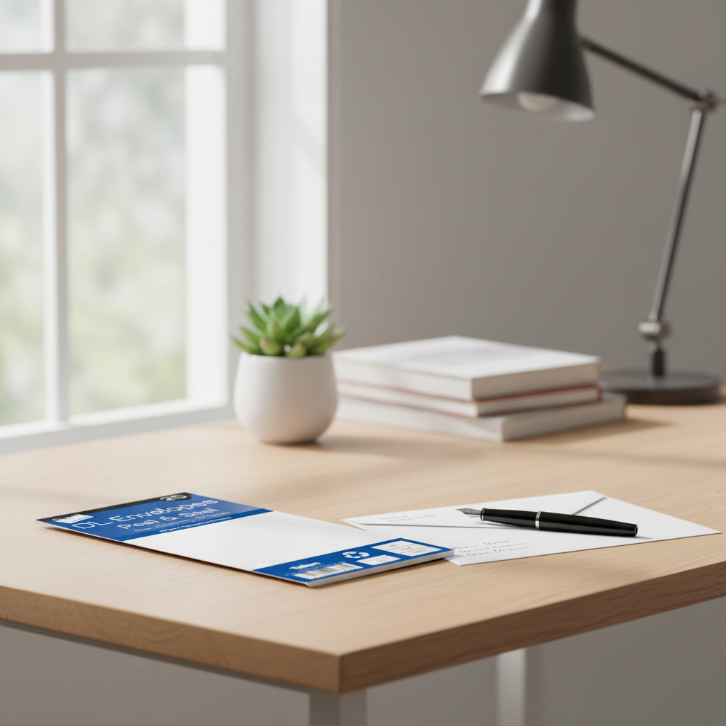 Tallon White DL Envelopes 25 Pack on a tidy home office desk with natural window light — interior lifestyle product shot