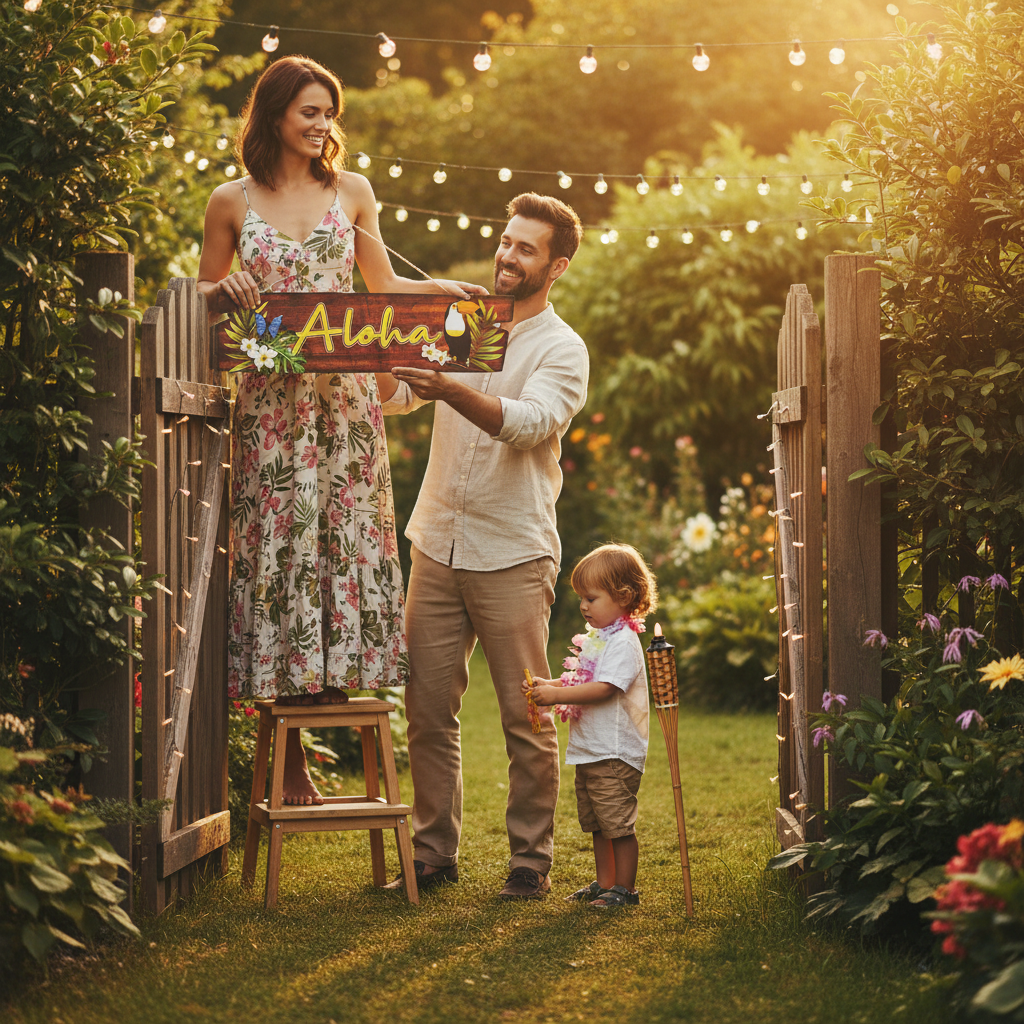 Cardboard Hawaiian Welcome Sign displayed at garden luau party entrance at golden hour
