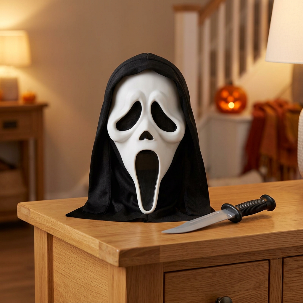 Ghost Face mask and costume knife displayed on a wooden console with a pumpkin in the background