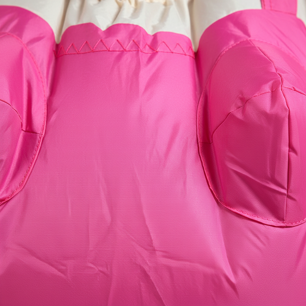 Extreme macro close-up of Inflatable Funny Ballerina pink tutu fabric texture and stitching detail