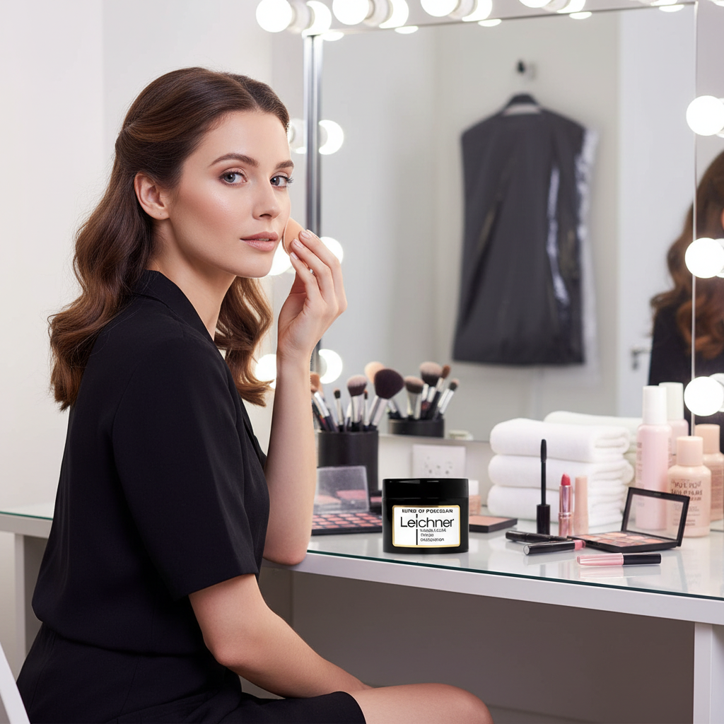 Professional makeup artist using Leichner Camera Clear Foundation Porcelain backstage for camera-ready finish