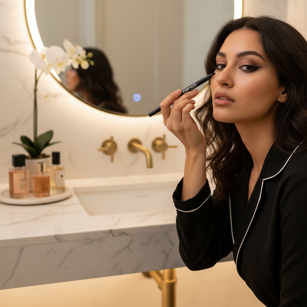 Woman applying Exposed black kohl eyeliner pencil for dramatic eyes