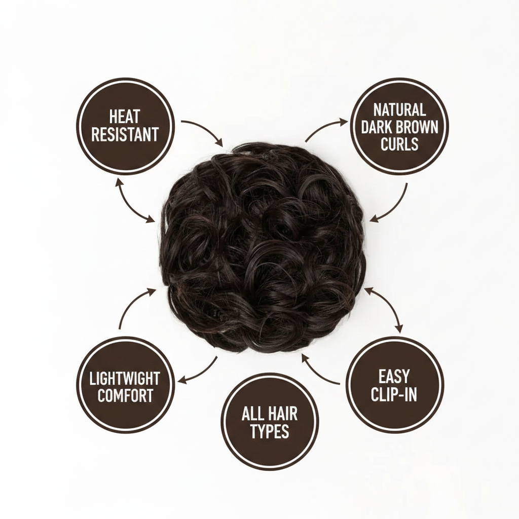Premium feature infographic for dark brown curly messy hair bun 2 Nigella showing key features: heat resistant, natural dark brown curls, lightweight, easy clip-in, all hair types