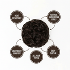 Premium feature infographic for dark brown curly messy hair bun 2 Nigella showing key features: heat resistant, natural dark brown curls, lightweight, easy clip-in, all hair types