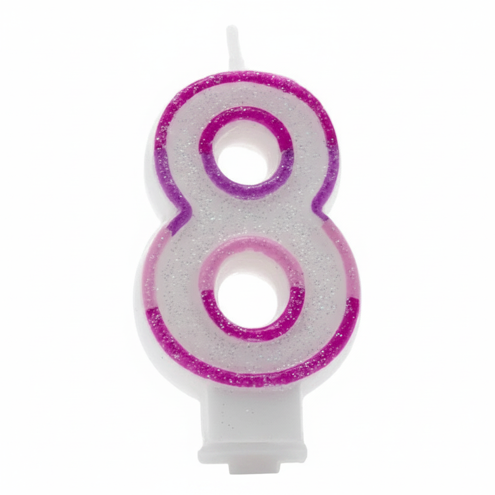 Pink Number 8 Birthday Candle on pure white background, studio hero shot