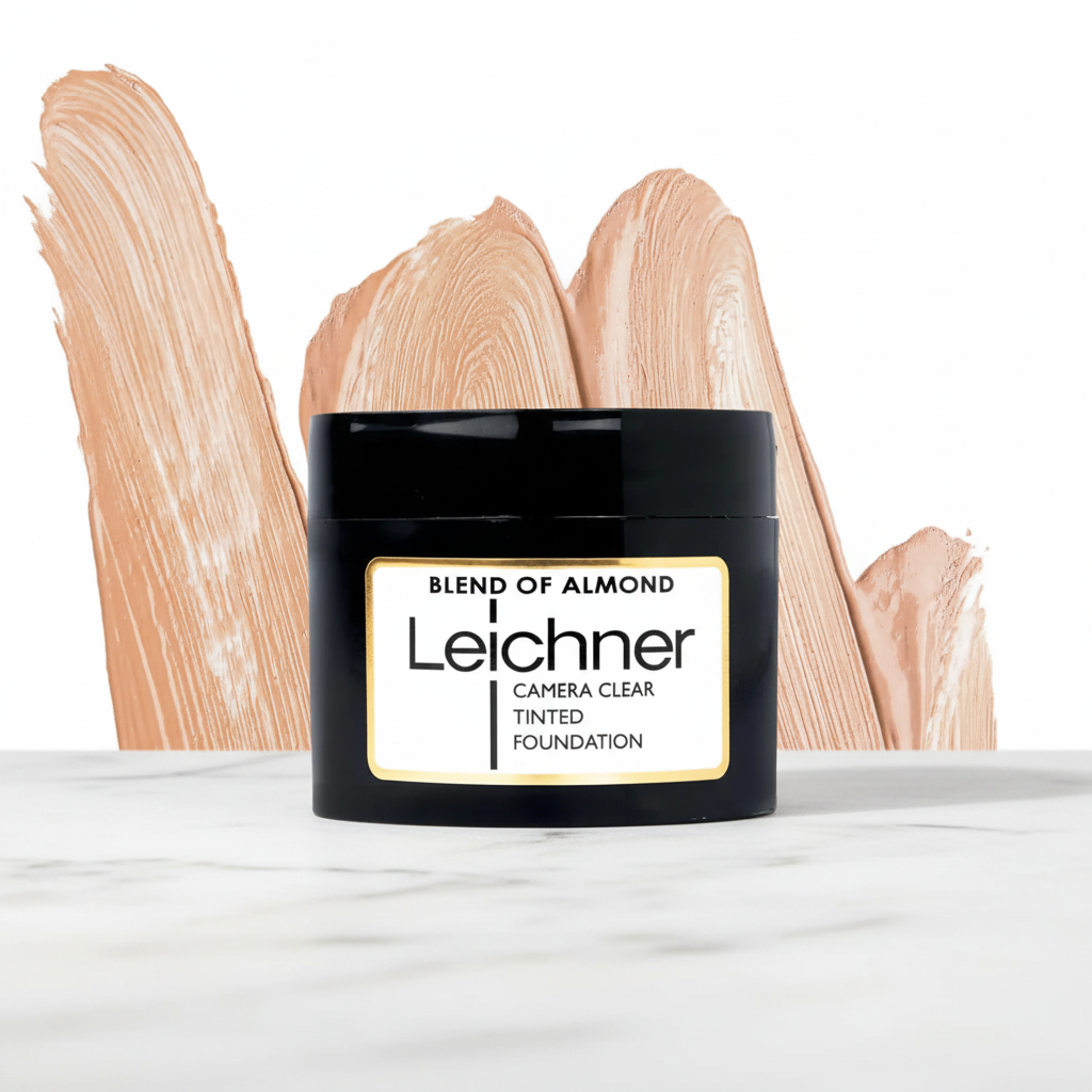 Leichner Camera Clear Foundation Blend Of Almond on white marble surface - professional product shot
