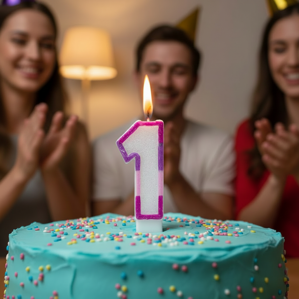Pink glitter number 1 birthday candle lit and glowing on a first birthday cake, warm celebratory atmosphere