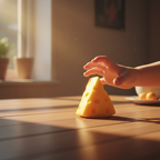 Child reaching for large yellow squishy cheese toy in warm golden hour light, joyful lifestyle scene