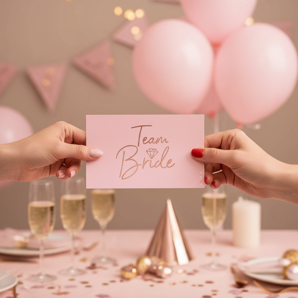 Close-up of manicured hands passing Team Bride advice cards at a hen party with prosecco and confetti in background