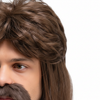 Extreme macro close-up of 70s brown mullet wig showing hair texture and strand detail