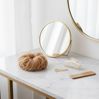 Flicky honey blonde wavy scrunchie hairpiece on vanity dressing table with mirror — natural window light lifestyle photography