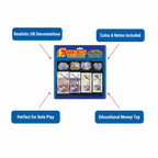 Sterling Play Money set feature infographic showing realistic UK denominations, coins and notes included, role play and educational benefits
