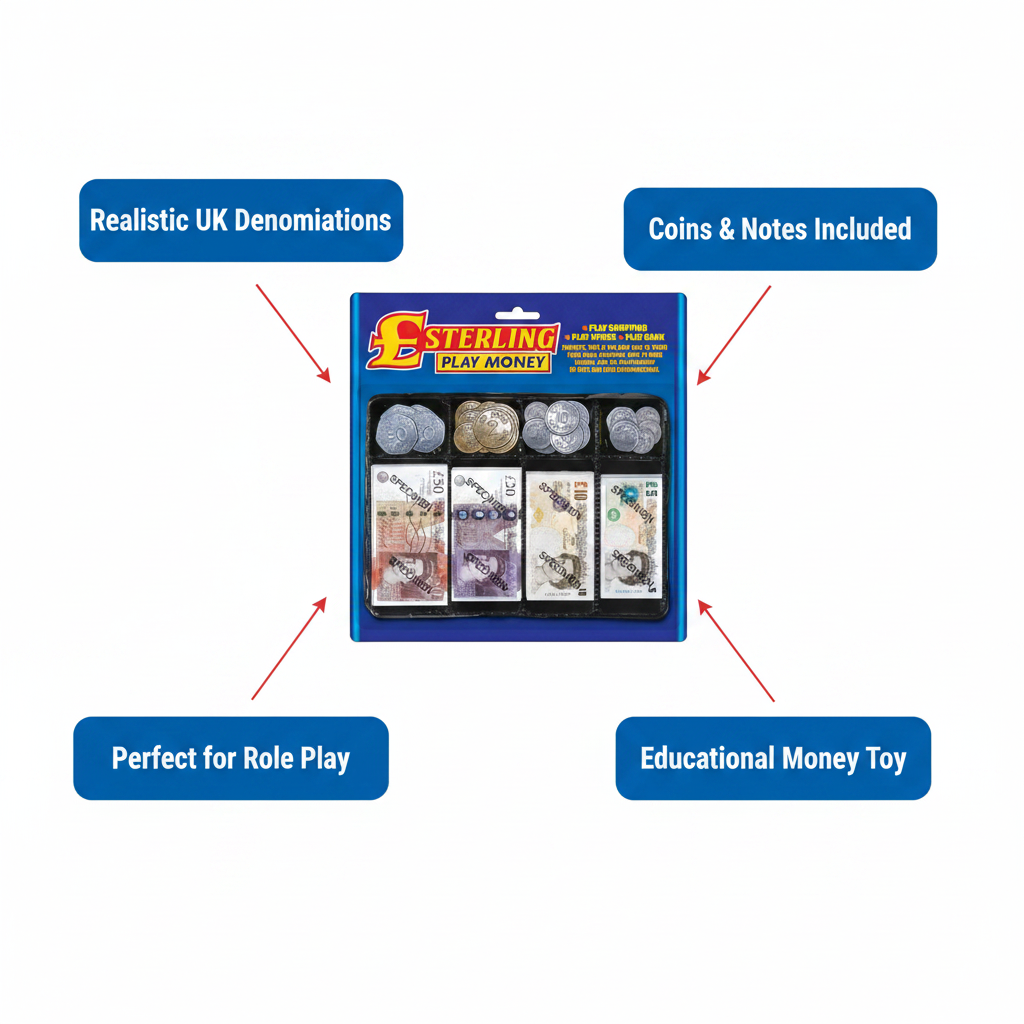 Sterling Play Money set feature infographic showing realistic UK denominations, coins and notes included, role play and educational benefits