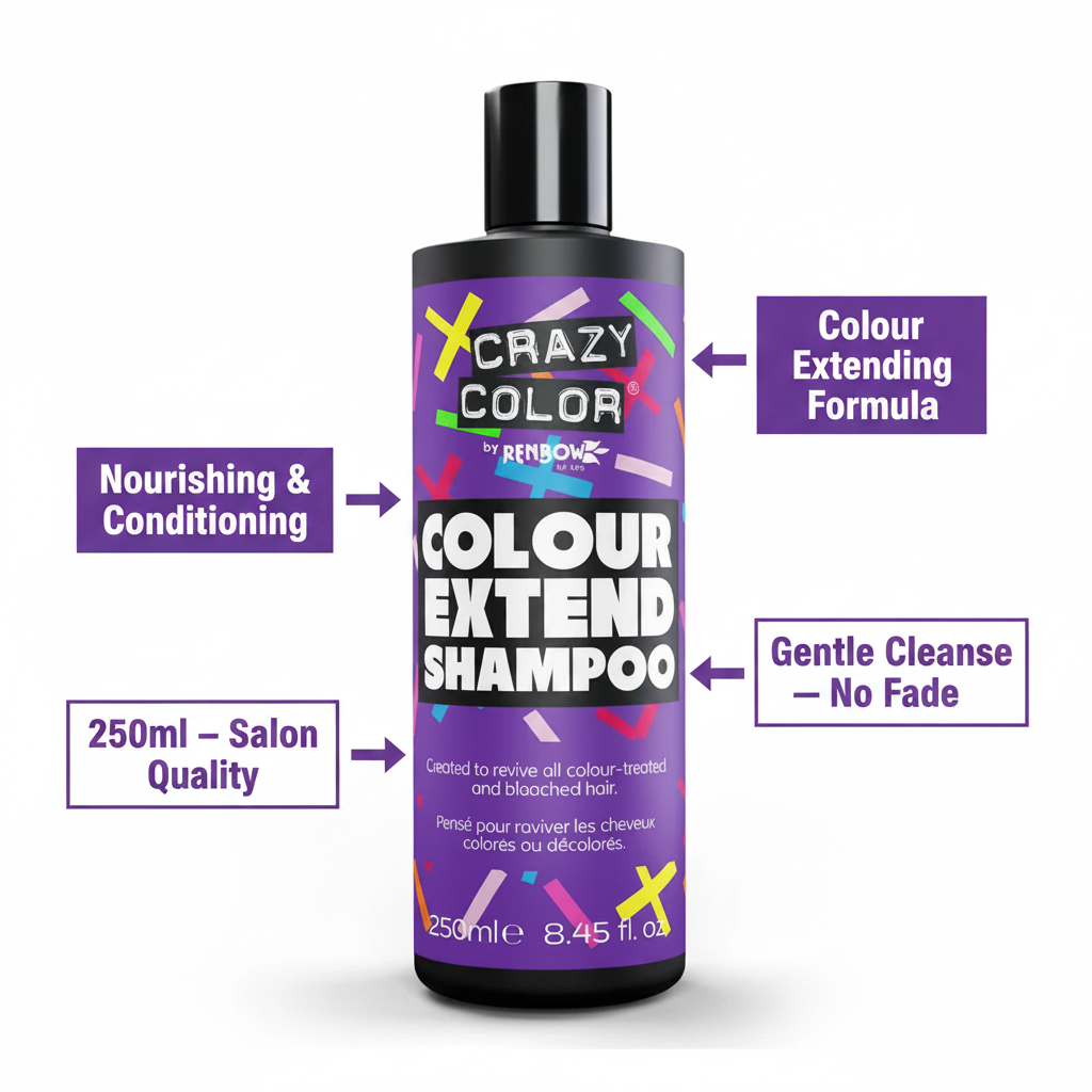 Crazy Color Colour Extend Shampoo 250ml feature infographic showing colour extending formula, gentle cleanse, nourishing conditioning and salon quality callouts